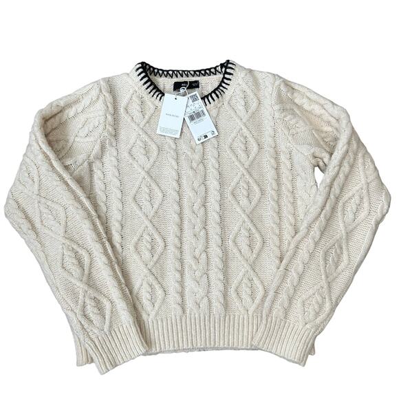 MNG Sweaters - MNG Mango Cable Knit Pullover with Contrasting Trim Wmns Size Medium Wool Blend